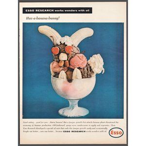 1959 Esso Oil Research Banana Split Bunny Vintage Print Ad Ice Cream Wall Art